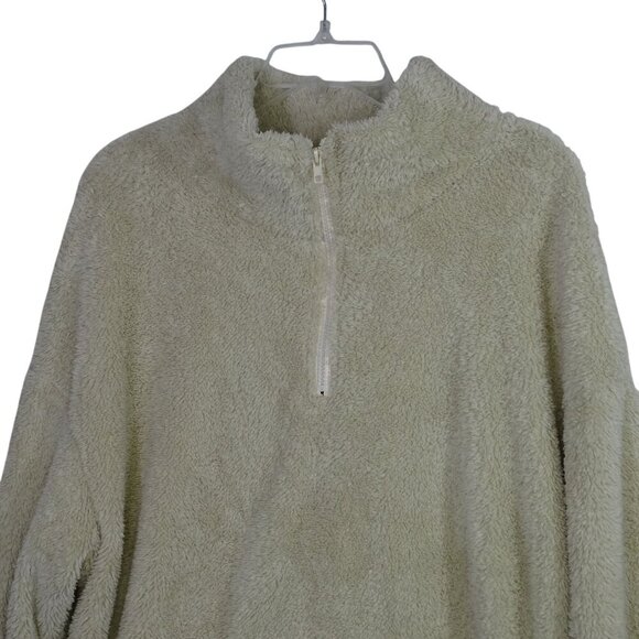 Cozy Cream Plush Pullover Half Zip Jacket Women Size L Kangaroo Pocket Outerwear - Picture 2 of 9